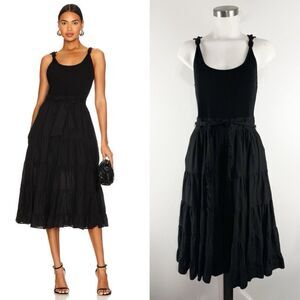 Paige Small Samosa Ribbed Knit Mixed Media Tiered A-Line Midi Dress in Black